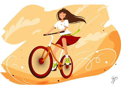 Girl on a bicycle rushes to her beloved beautiful bike character cute flat girl happiness illustration love lover magic minimal modern nature romantic story valentines day vector woman