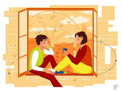 A couple on the window and love is around 💕 beautiful characters city colors cute flat heart illustration love love illustration lovers people romantic ui valentines day vector website window
