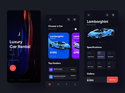 Luxury - Car Rental App android android app app app concept booking car car booking car rental clean ui dark ui design inspiration ios lamborghini rent a car rental typography ui user experience ux visual design