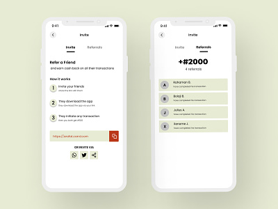 An invite and refferal page app design ui