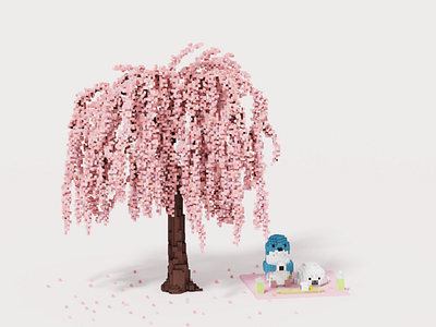 お花見 3d 3dart cherry blossoms cute illustration lowpoly penguin seal spring voxel voxel art