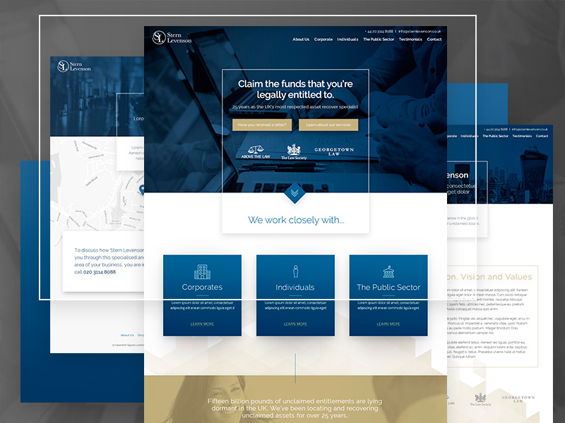 Stern Levenson website sketchapp design recovery lawyer gold blue interaction uk web london ui ux