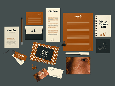 Stationary Overview for 'Amelia' Project branding branding and identity brandingconcept brandingdesigner brandingidentity colorscheme design logo repeating pattern stationary stationery design vector