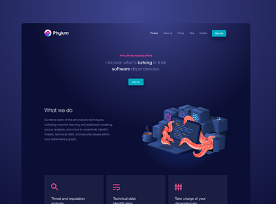 Phylum Landing Page Design bird blue colorful dark development digital engineering id illustration landing page malware security software startup website