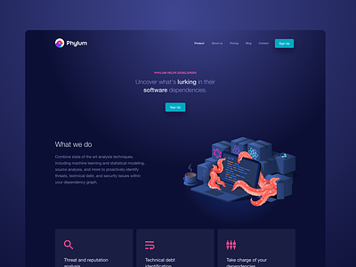 Phylum, landing page for software development security analysis bird colorful cyber dark dark theme design development illustration isometric landing page machine learning malware monster security software startup tech threats website