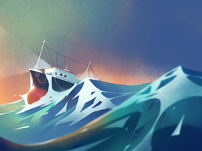 Waves boat fireart fireart studio illustration light ocean sea sky skyline storm