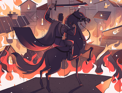 Knight 2d illustration character character design city fantasy fire flat ill illustration knight landscape warrior