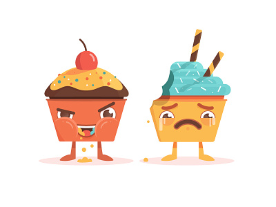 Cupcakes 2d illustration bite character design cherry crying cupcake hunger