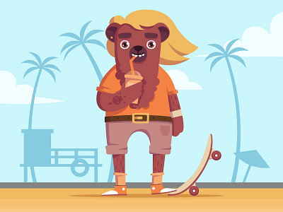 Teenage Bear 2d illustration beach bear character design skateboard teenage