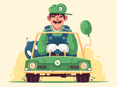 Luigi 2d illustration car character design fireart studio game luigi mario kart