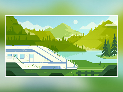 Train 2d illustration fireart fireart studio lake landscape mountain train travel tree