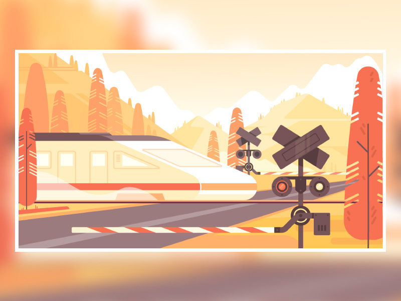 Autumn travel flat landscape train mountain travel 2d illustration