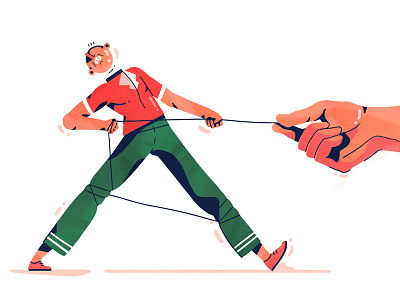 Pulling the strings 2d illustration character flat hand man struggle