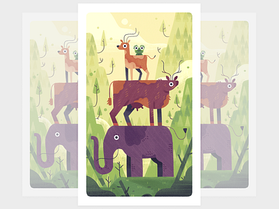 Animal tower 2d illustration animal character design cow deer elephant fireart studio frog mountains
