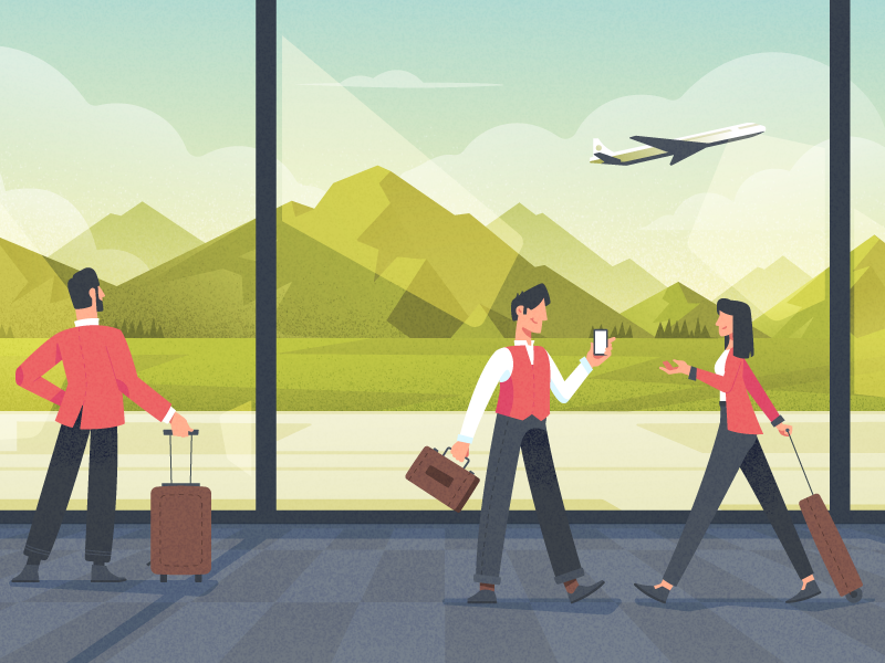 Let's go plane airport mountains landscape character flat fireart studio illustration