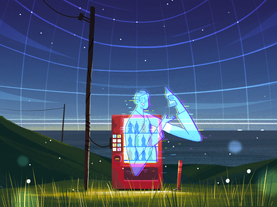 Vending Machine 2d 2d illustration button character character design eiji ohashi fireart studio flat ghost hologram illustration landscape man night sky skyline space spirit stars vending machine