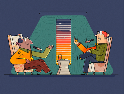 Podcast 2d illustration armchair character character design dialogue drink flat podcast science scientist sky space talk window