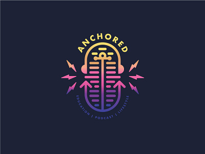 Anchored Podcast Logo anchor badge branding colorful design headphones icon identity illustration lightning microphone podcast vector