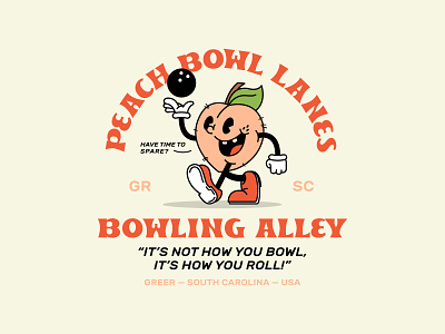 Peach Bowl Lanes badge bowling bowling ball branding cartoon character character design design fruit fun graphic design illustration peach retro south carolina t shirt design tshirt vector