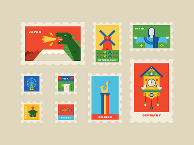 World Postage Stamps 1 beaver bicycle blue cuckoo clock godzilla green postage postage stamps saxophone stamps windmill world yellow