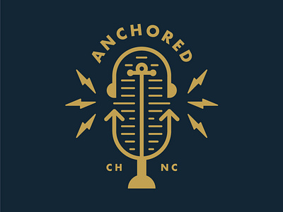 Anchored anchor branding design gold graphic design icon identity illustration lightning logo microphone navy podcast vector