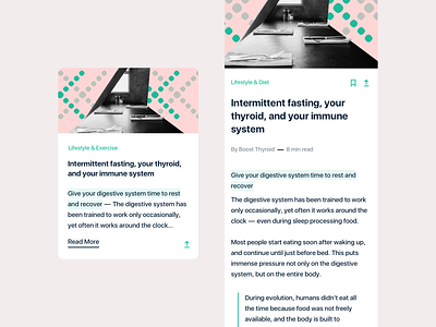 Health app companion - In-app articles cards + overlay articles design feed health news ui ux