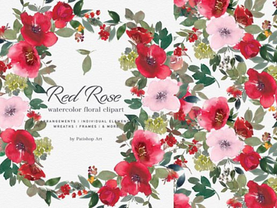 Free Red Rose Clipart Watercolor Set Graphic