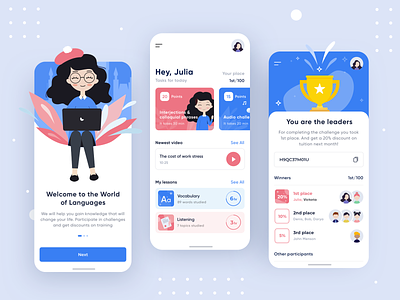Language Learning App android app application art clean concept dashboad english flat girl illustration illustrator ios language learning minimal mobile product ui ux
