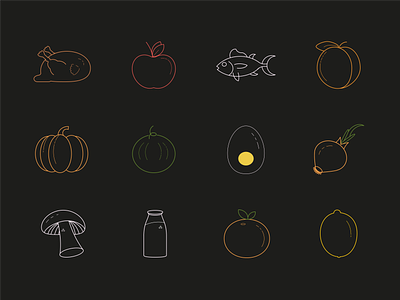 Set of healthy food icons on black background.