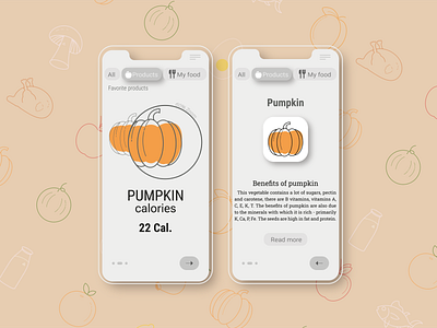 Proper nutrition icons in a mobile application. Pumpkin calorie. artwork calories design icons mobileapp pumpkin pumpkincalories