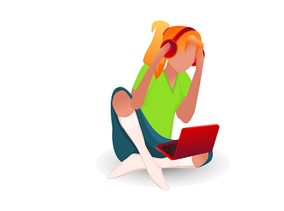 A girl with headphones sits at a laptop design flat illustration people