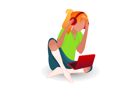 A girl with headphones sits at a laptop