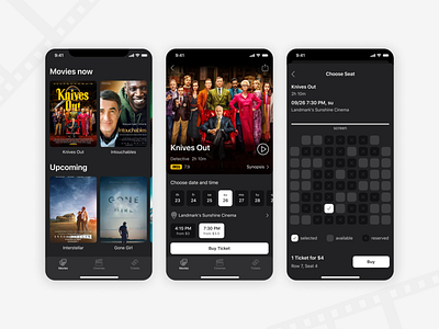 Cinema Booking App app app design booking cinema design mobile movie tickets ui