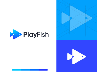 PlayFish Music Logo Mark🎧 abstract aqua blue branding creative fish fish logo geometric icon logo logo design logo mark minimal minimalist modern logo music logo play logo sea t shirt water