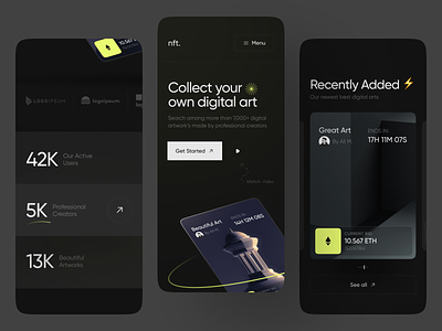 NFT Landing Page | Mobile Dark Theme app clean design minimal ui