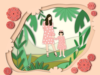 Paper Cut Style - I love you mom colorful daughter digitalart flower gift green greens illustration kid leaf mom nature papercraft papercut pink plants woman