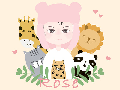 Girl Portrait for Rose animal doodle cat colorful cute digitalart giraffe girlportrait illustration leopard lion panda portrait