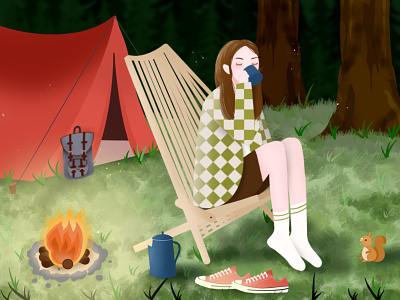 Solo Camping Trip alone time backpack campfire camping coffee colorful converse cute digitalart forest forest animals green illustration procreate solotrip tent trees