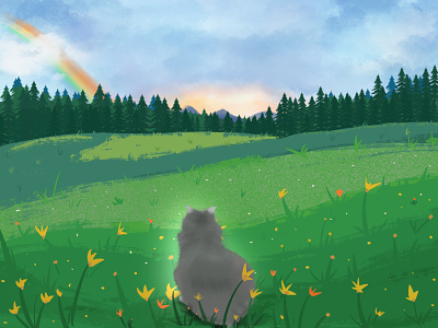 Bye, Memou cat colorful digitalart griefjourney hills illustration lostpet medow nature pet rainbow rainbowbridge sunset trees