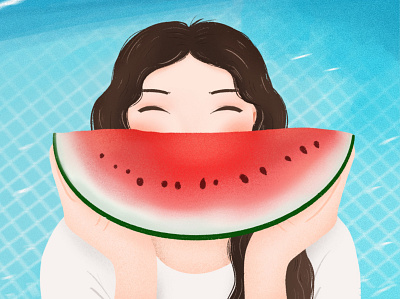 Summer Time colorful cute digitalart fruit girl illustration pool procreate summer watermelon