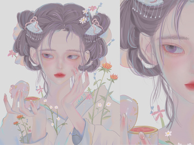 胭脂妹妹 the girl who loves rouge colorful cute digitalart flower girl illustration procreate