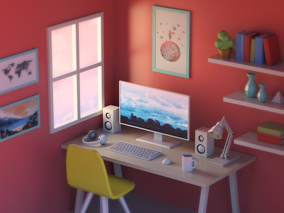 Work Setup 3d c4d computer dreamy illustration isometric keyboard low poly poster render work