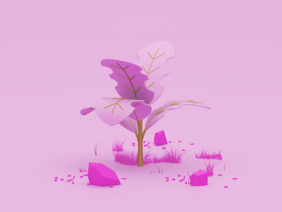 Plant 3d c4d grass illustration low poly pink plant scene stone