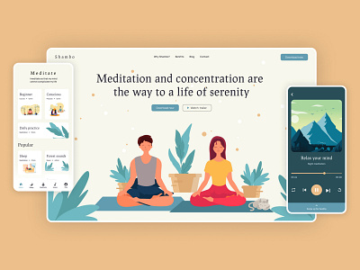 Mediation App & Landing Page app design header hero illustration meditation minimal mobile mobile app screen ui ui design uiux uiux design