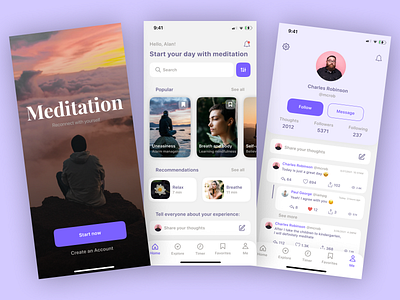 Meditation app design flat minimal mobile ui ux