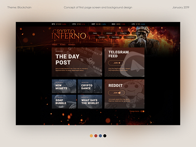 Crypto Inferno - concept of first page screen background design blockchain concept design content design crypto digital art graphicdesign illustration page design photomanipulation prototype screen ui uidesign webdesign