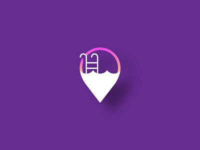 Pool App branding design digital identity ladder logo map map marker pool purple sun sunset swimming