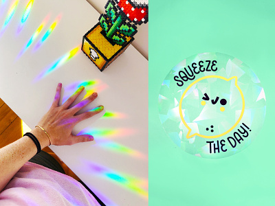 squeeze the day collab with helen bucher collaboration hand drawn hand lettering illustration lemon lettering rainbow decal rainbow maker rainbows suncatcher type typography