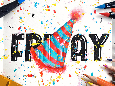 Friyay calligraphy confetti friday hand lettering hat lettering paint party splatter tgif type typography