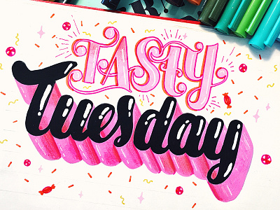 Tasty Tuesday brush type gradient green hand lettered hand lettering illustration stars tuesday typography week worry